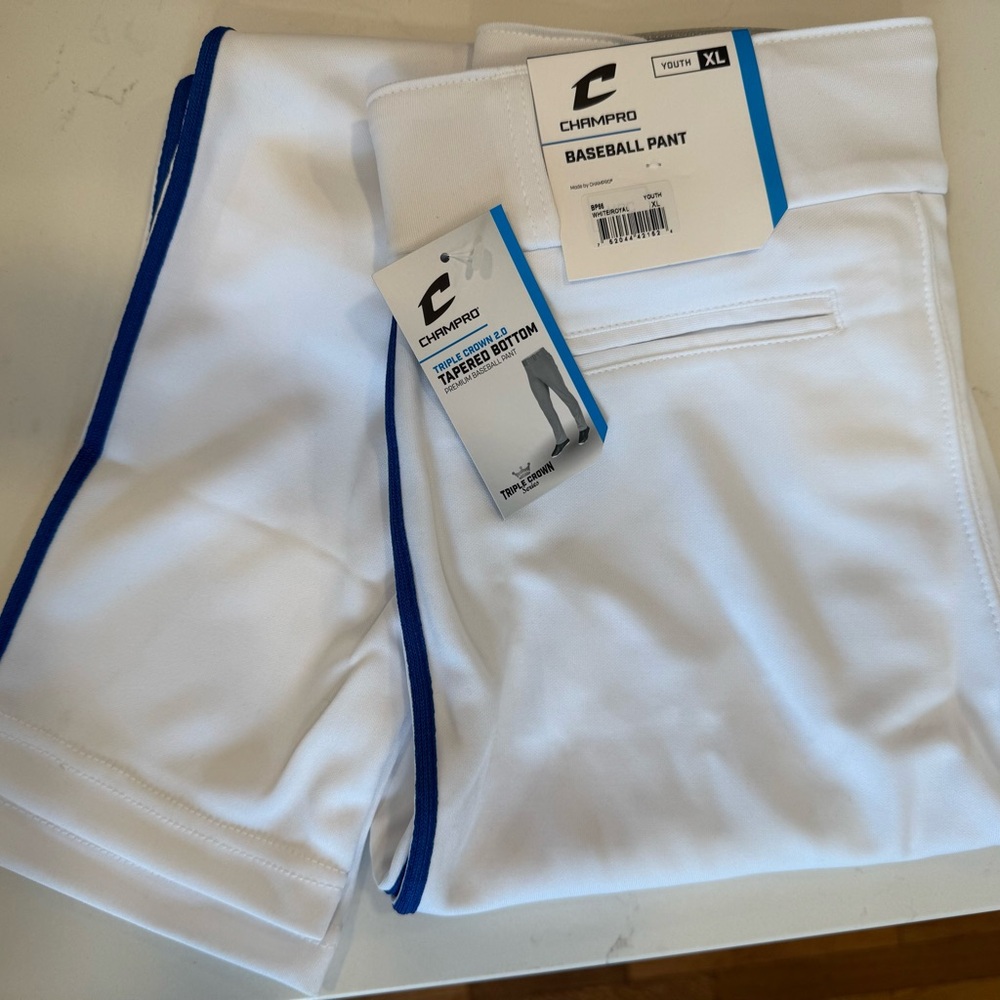 2 PAIRS Champro Youth XL White Baseball Pants with Royal Blue Trim